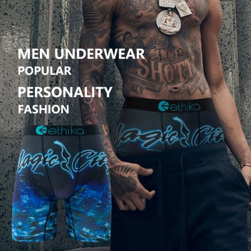 ETHIKA 1Pcs Men Underwear Boxers Breathable Mesh Crotch Man Underpants Mens Panties Plus Size Printed Men's Boxershorts Trunks