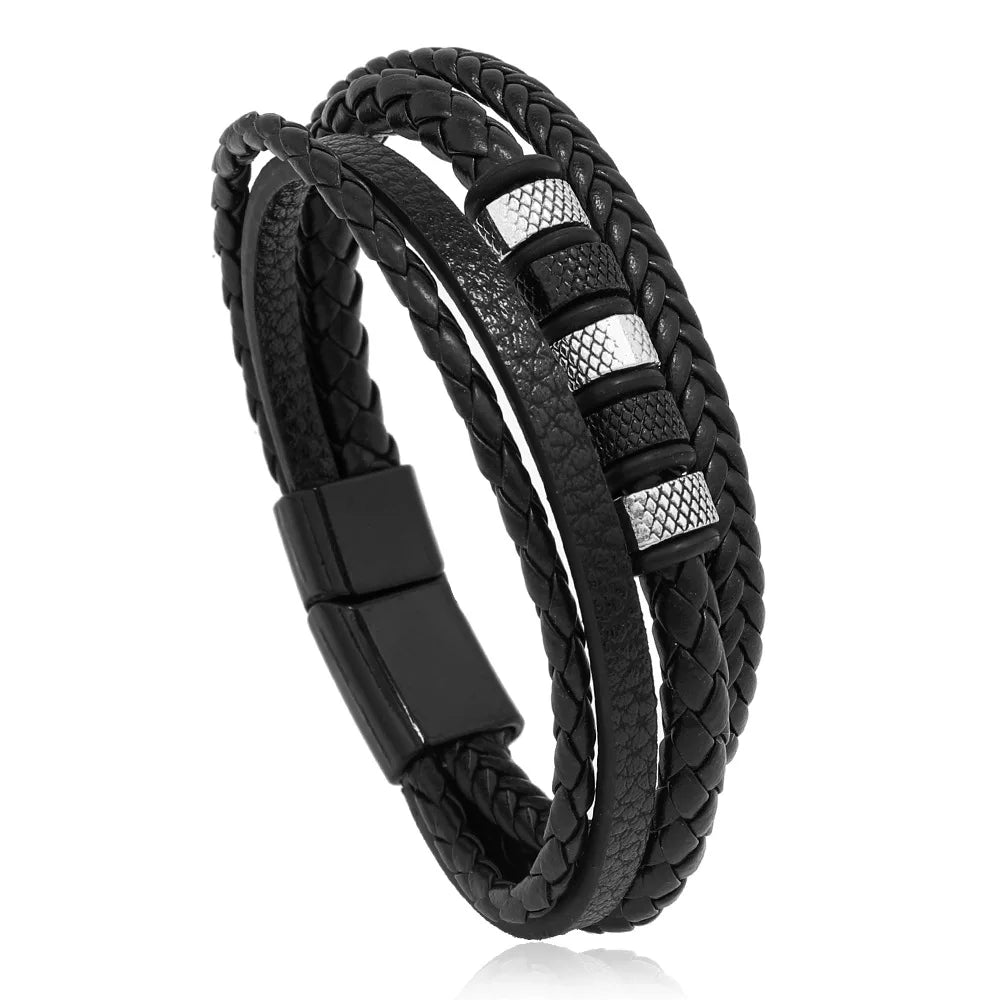 Trendy  Leather Bracelets Men Stainless Steel Multilayer Braided Rope Bracelets For Male Bracelets Jewelry Pulsera Hombre