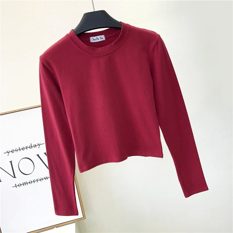 Sexy Black  Women's Clothing O-Neck Long Sleeve Navel Autumn Base Women's Clothing Fashion Casual Ropa Mujer