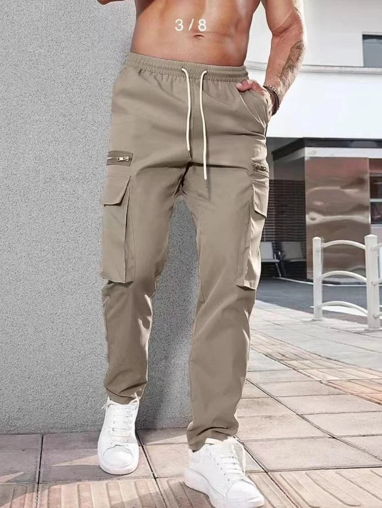 Jogger Casual Sports Zipper Decorated Cargo Pants Waist Pull Rope Men's Plus-size Braided Solid Color Zipper Cargo Pants