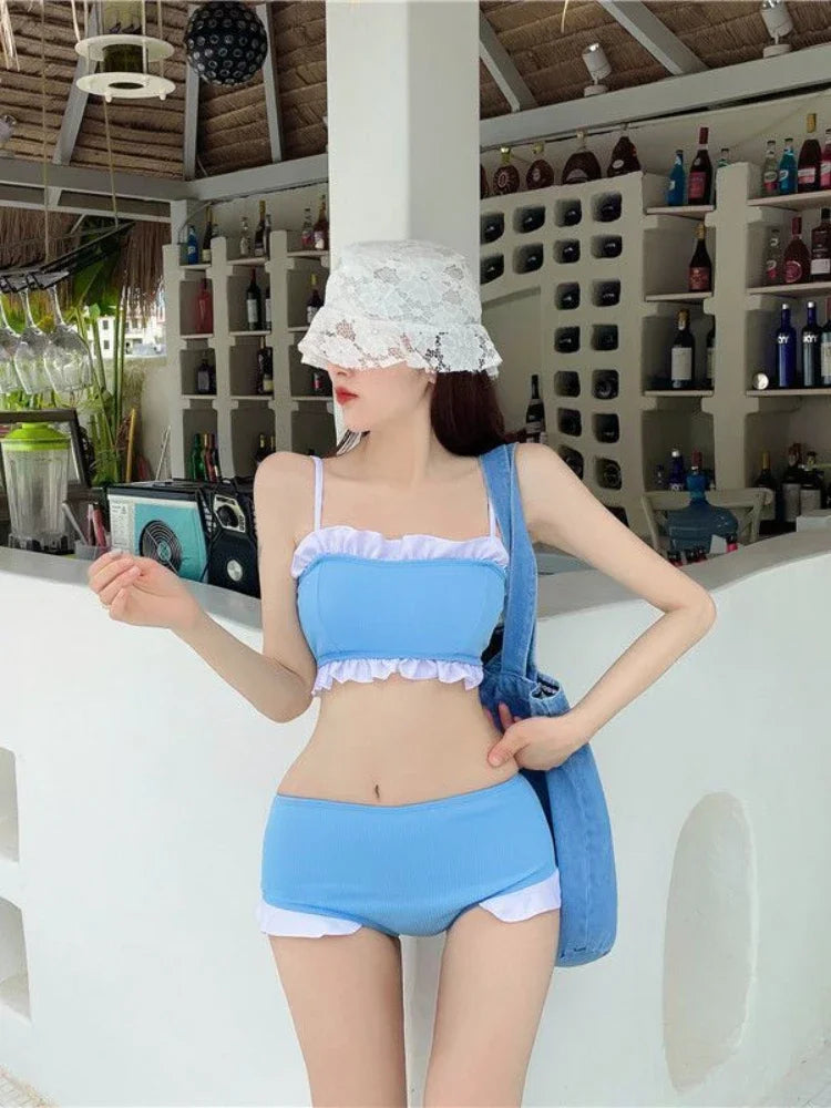 Bikini Sets Women Kawaii Girlish Leisure Beachwear Patchwork Sexy Ruffles Japan Style Summer Students Young Stylish Chic Mujer