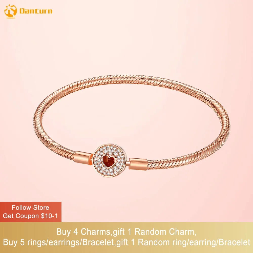 Danturn 925 Sterling Silver Bracelets Rose Gold Pavé & Heart Clasp Snake Chain Bracelets Fashion Bracelets Women Charm Bracelets