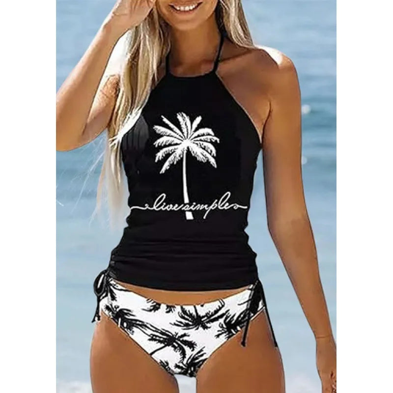 Bikinis Set Tied Halter Swimsuit Women Swimwear Biquinis Backless Beach Bathing Suit Drawstring Side Halter Neck Tankini Set