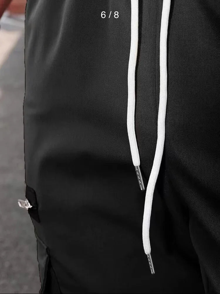 Jogger Casual Sports Zipper Decorated Cargo Pants Waist Pull Rope Men's Plus-size Braided Solid Color Zipper Cargo Pants