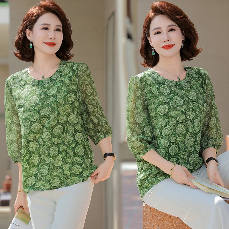 New Vintage Chiffon Women's Clothing Korean Pullovers Women's Clothing Summer Printing half sleeve Tops O-neck T-Shirts