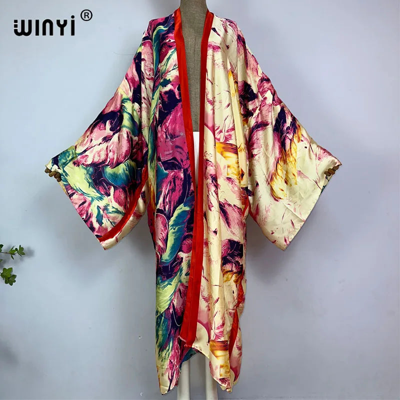 WINYI kimono Africa summer boho print Bikini Cover-up Elegant fashion Cardigan sexy Holiday long Sleeve silk feeling maxi dress