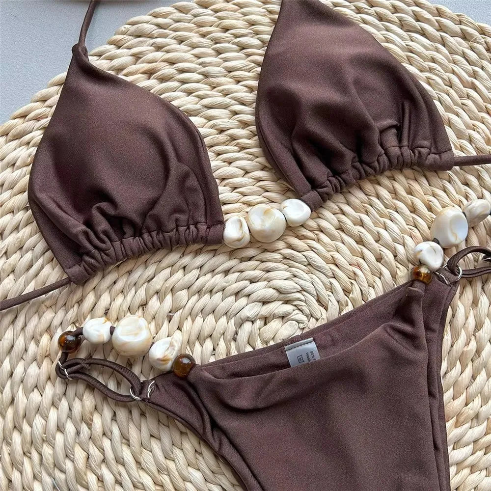 Solid Green Swimwears Sexy Halter Triangle Bead String Bikini Mini Micro Thong Swimsuit Woman 2025 Summer Brazilian Bikinis Sets