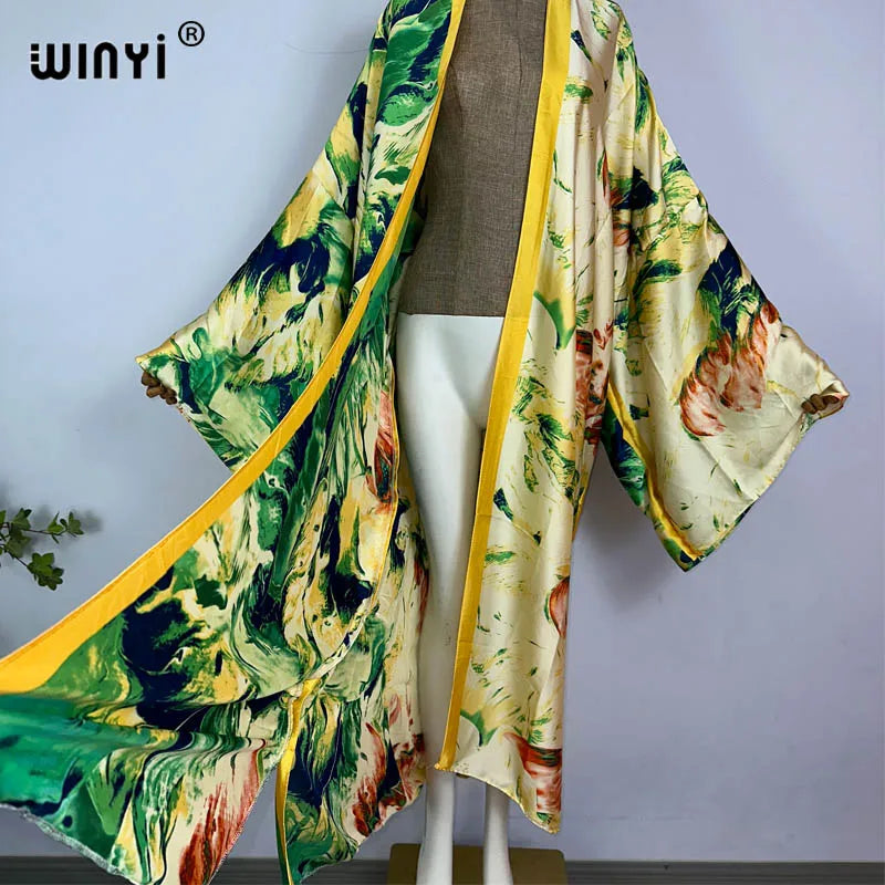 WINYI kimono Africa summer boho print Bikini Cover-up Elegant fashion Cardigan sexy Holiday long Sleeve silk feeling maxi dress