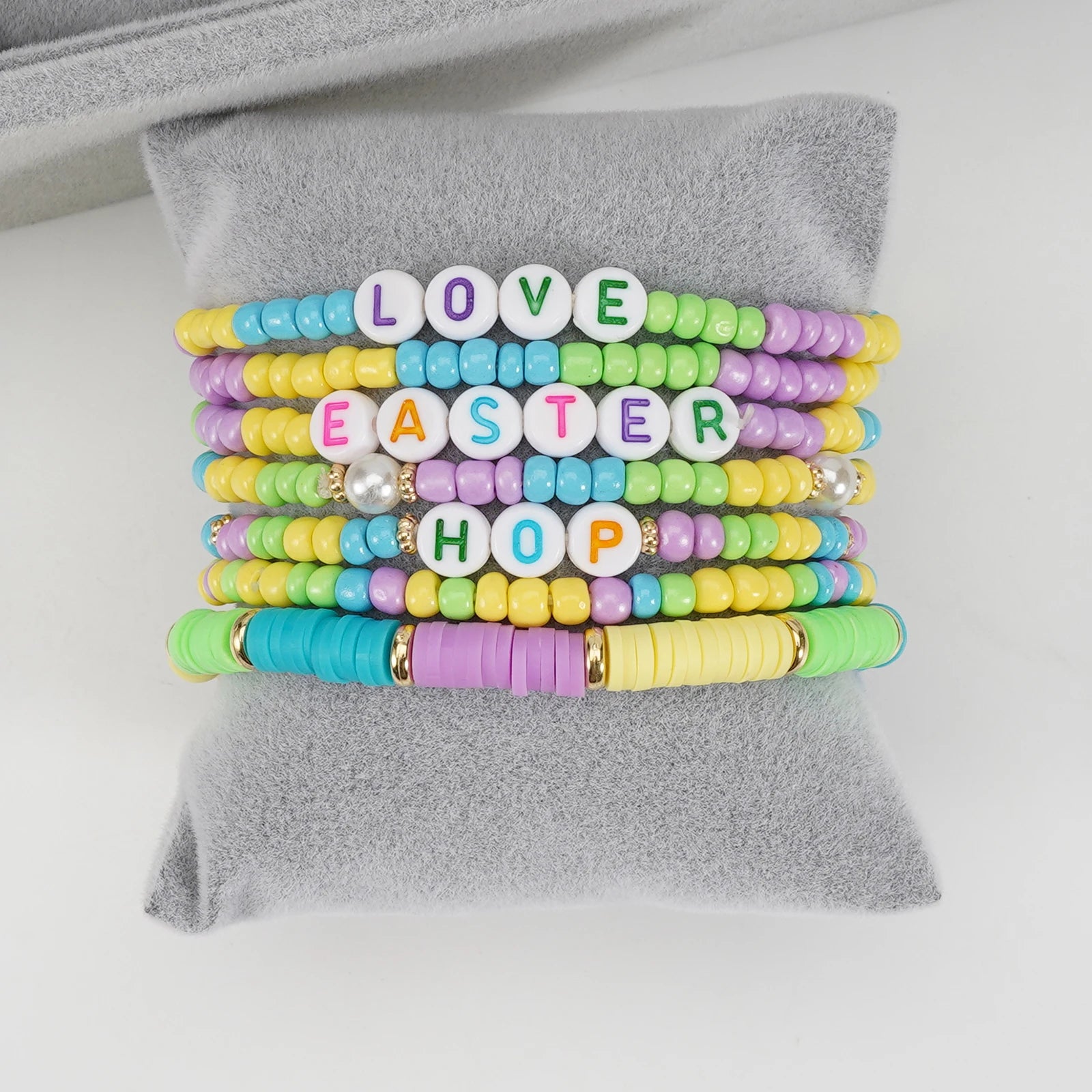 Easter Bracelets Set Colorful Stackable clay Beaded Stretch Bracelets Boho Vinyl Disc Bracelets for Women
