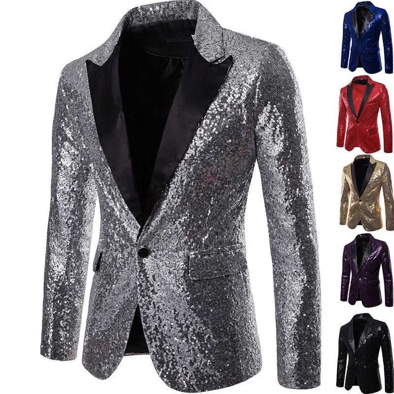 Nightclub Men's Clothing Long Sleeve Sequined Blazer Jacket Single Button Solid Color