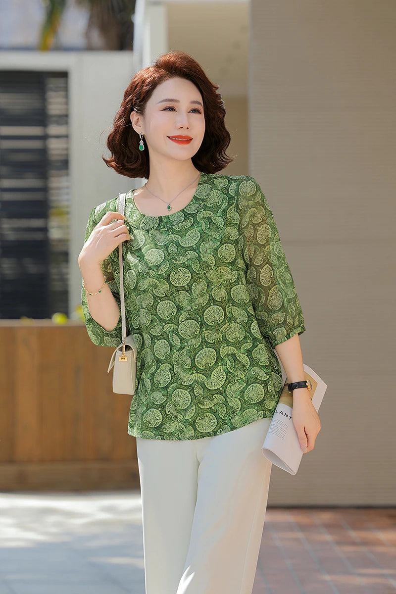 New Vintage Chiffon Women's Clothing Korean Pullovers Women's Clothing Summer Printing half sleeve Tops O-neck T-Shirts