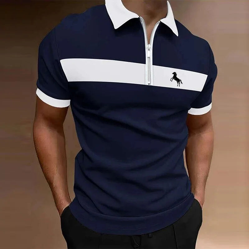 Men Clothes Summer Fashion Spell Color Zipper Polo Shirt .
