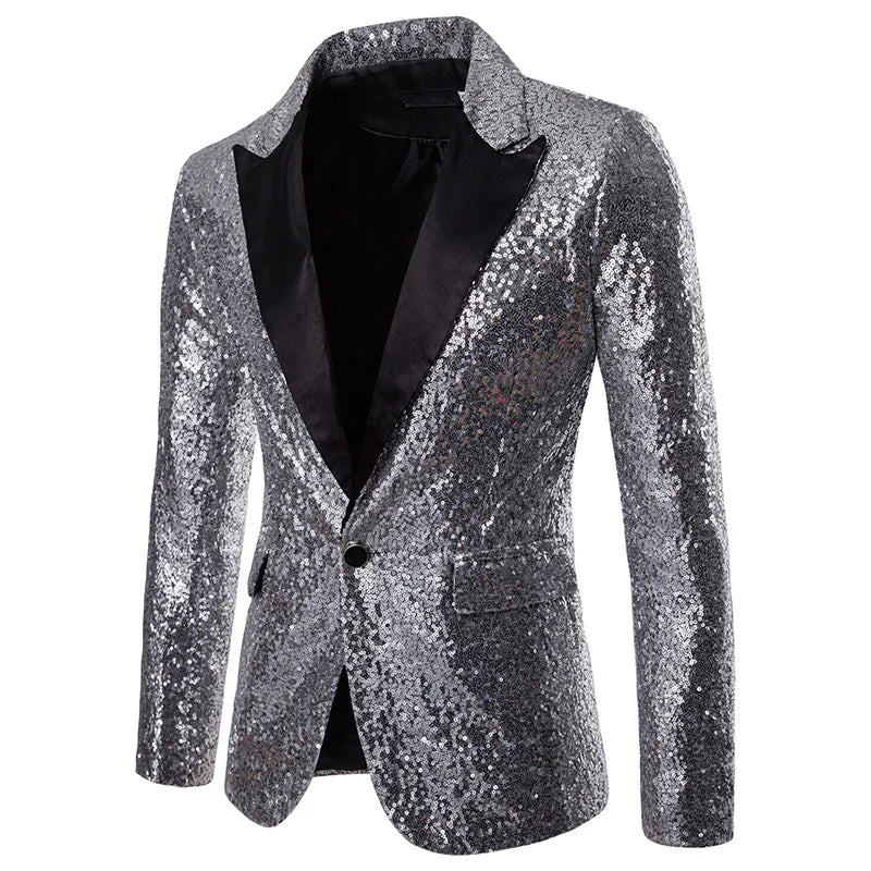 Nightclub Men's Clothing Long Sleeve Sequined Blazer Jacket Single Button Solid Color