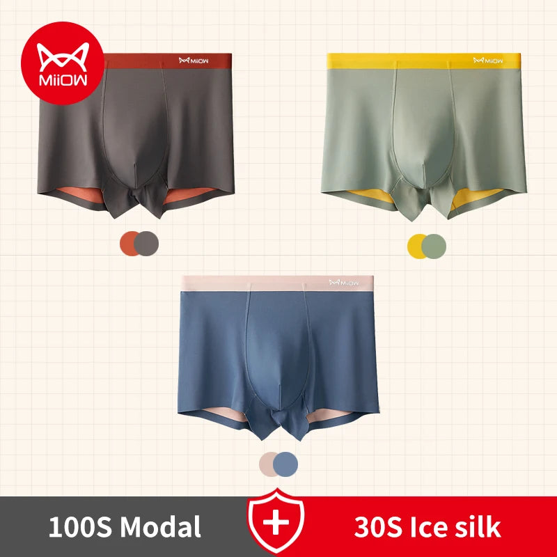 MiiOW 3Pcs 100S Modal Men Boxers Underwear Silky Ice Silk Men's Panties Boxershorts 5A Antibacterial Breathable Man Underpants