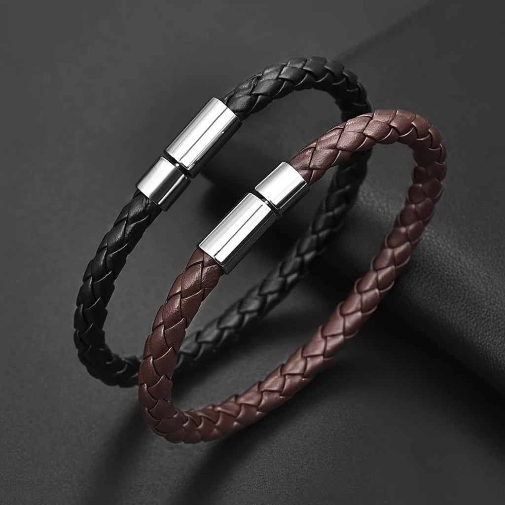 2PCS Brown Black Two Magnetic Fastening Leather Bracelets, Men's Bracelets, Men's Bracelets