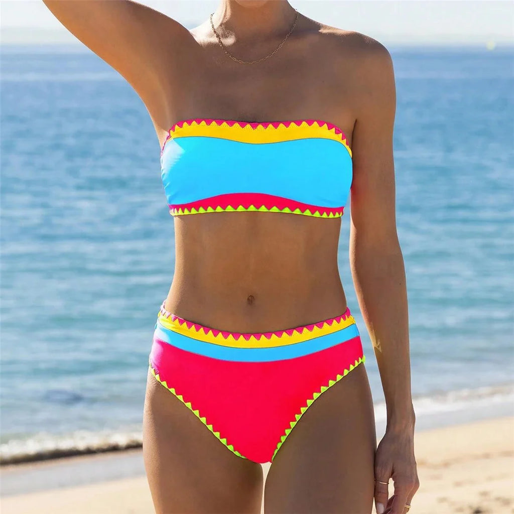Splicing Colorful High Cut Mid Waist Bikini Female Swimsuit Women Swimwear Two-pieces Bikini set Bather Bathing Suit Swim V5996