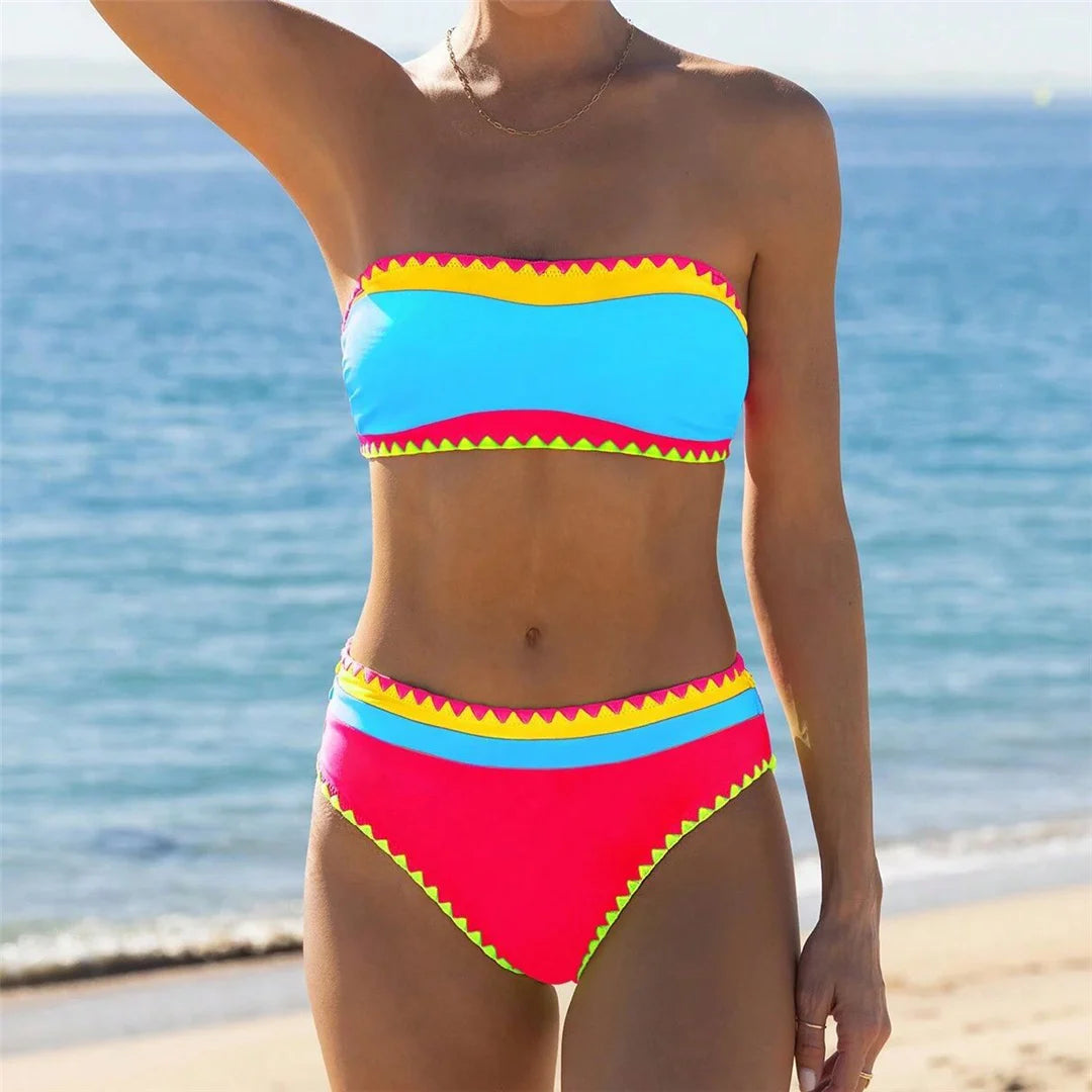Splicing Colorful High Cut Mid Waist Bikini Female Swimsuit Women Swimwear Two-pieces Bikini set Bather Bathing Suit Swim V5996