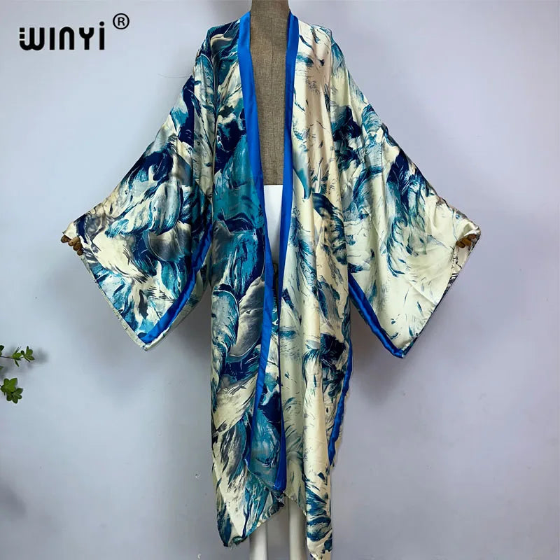 WINYI kimono Africa summer boho print Bikini Cover-up Elegant fashion Cardigan sexy Holiday long Sleeve silk feeling maxi dress