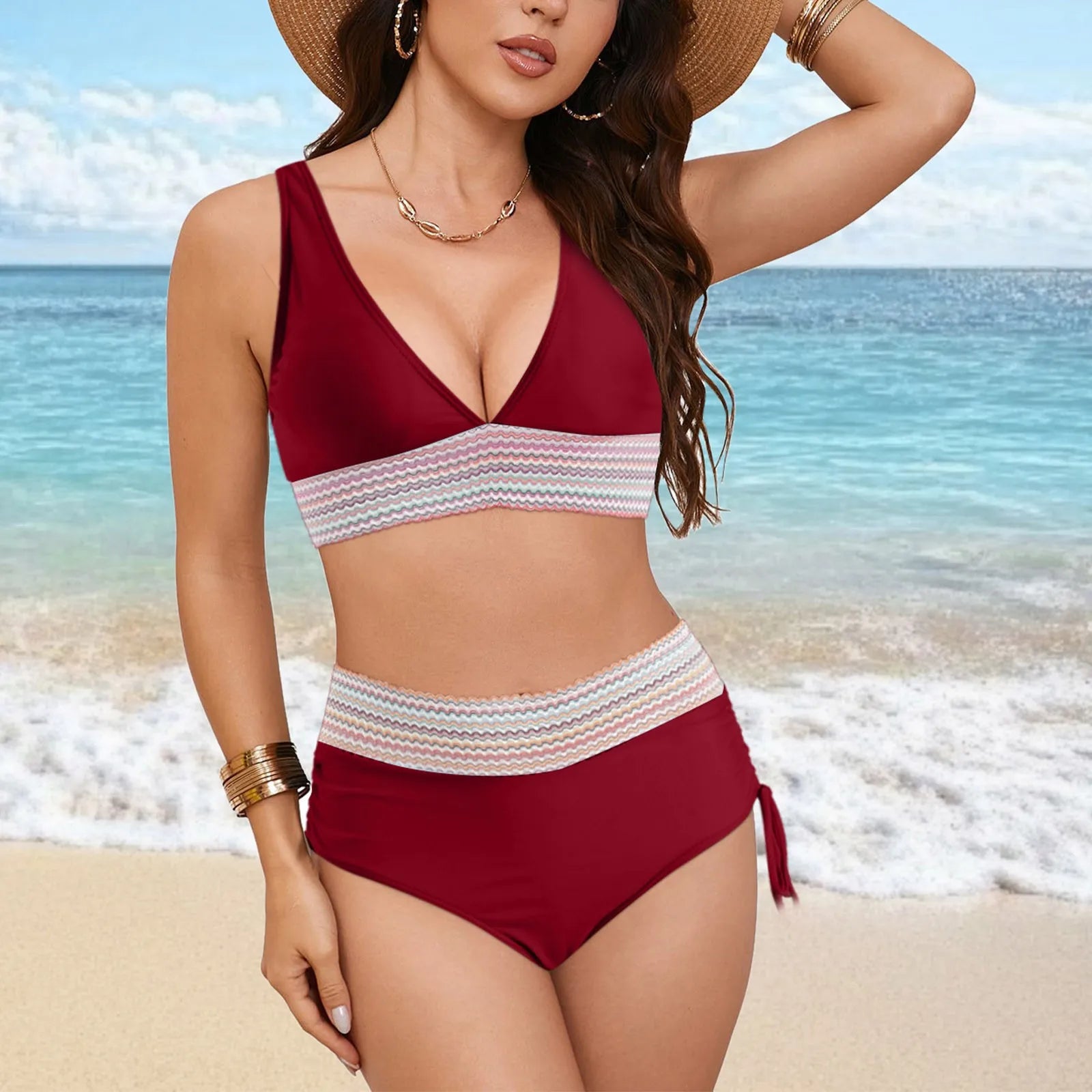 Swimwear Plus Size Women Women High Waisted Bikini Sets Swimsuits Color Block Two Piece Drawstring купальники жіночий 2025