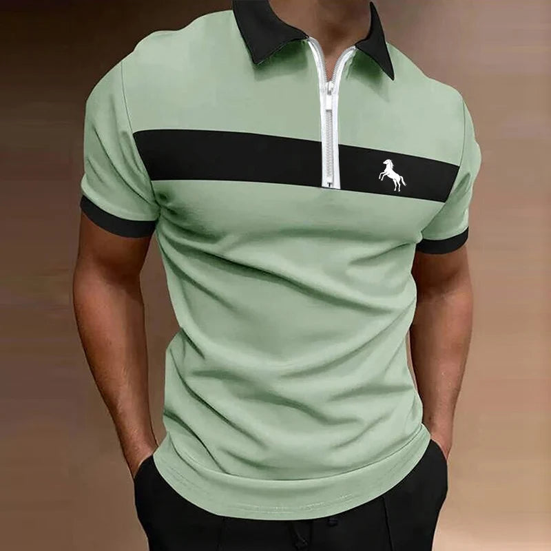 Men Clothes Summer Fashion Spell Color Zipper Polo Shirt .