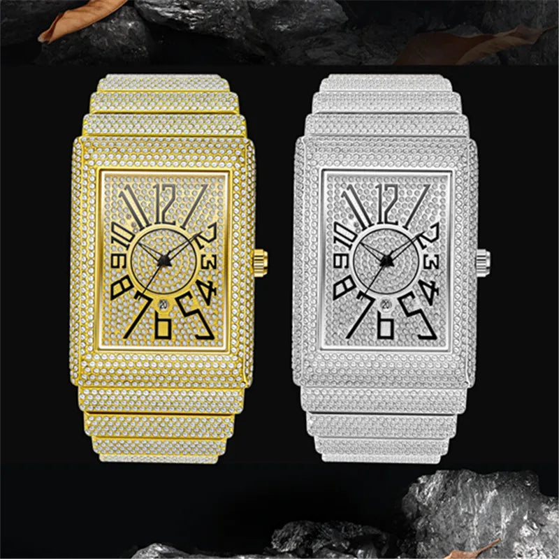 Montre Homme Big Brand Rectangle Men Watches Silver Fashion Casual Alloy Band Hip Hop Diamond Golden Luxury Date Quartz Watch DZ