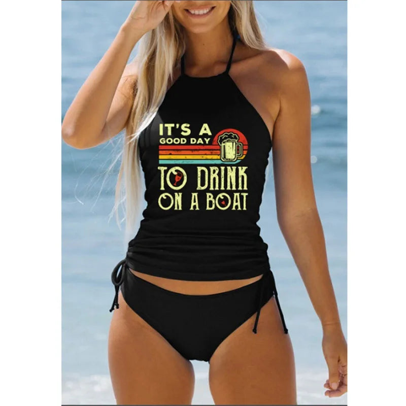 Bikinis Set Tied Halter Swimsuit Women Swimwear Biquinis Backless Beach Bathing Suit Drawstring Side Halter Neck Tankini Set
