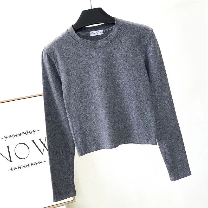 Sexy Black  Women's Clothing O-Neck Long Sleeve Navel Autumn Base Women's Clothing Fashion Casual Ropa Mujer