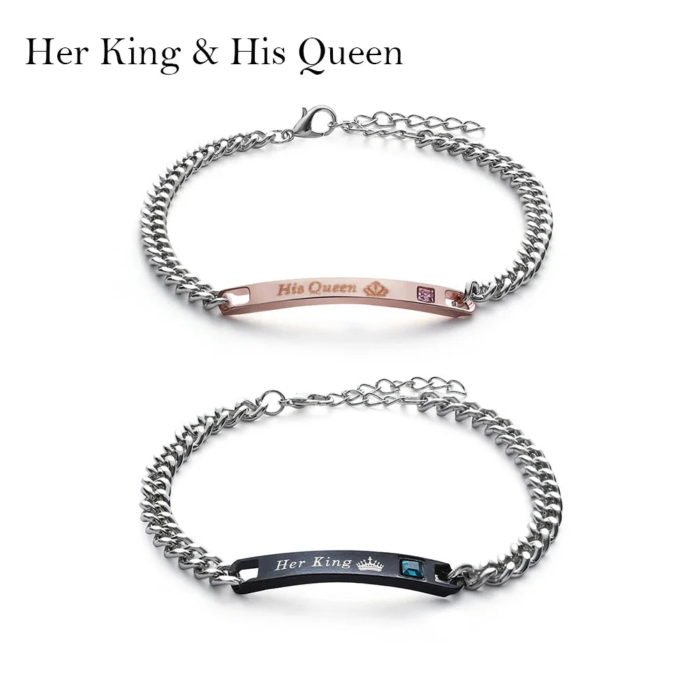 Couple Bracelets Stainless Steel Love Bangle Her King His Queen Bracelets Crystal Crown Bracelets Women's Bracelets