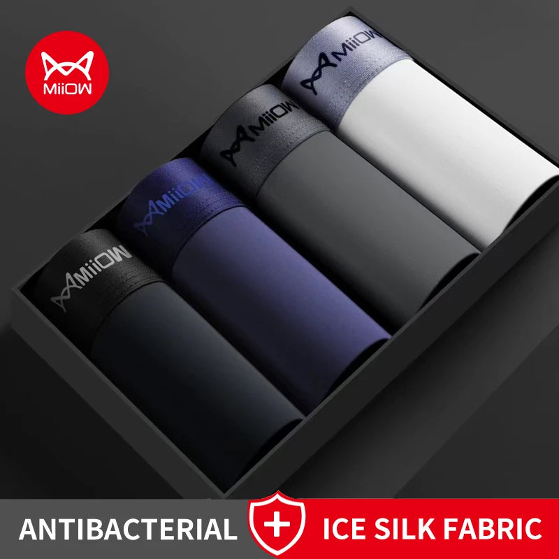 MiiOW 4Pcs Men Boxer Shorts Graphene Antibacterial Ice Silk Men Underwear Man Underpants Seamless Breathable Mens Panties L-5XL