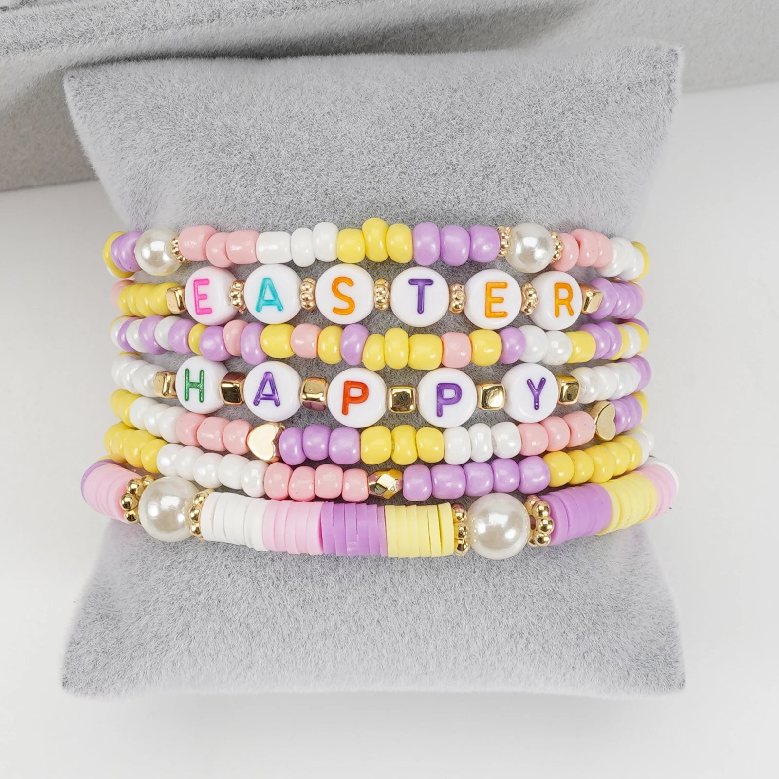Easter Bracelets Set Colorful Stackable clay Beaded Stretch Bracelets Boho Vinyl Disc Bracelets for Women