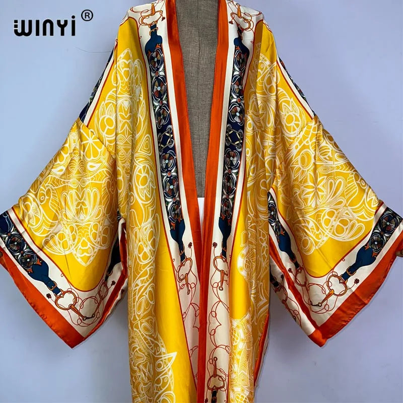 WINYI kimono Africa summer boho print Bikini Cover-up Elegant fashion Cardigan sexy Holiday long Sleeve silk feeling maxi dress