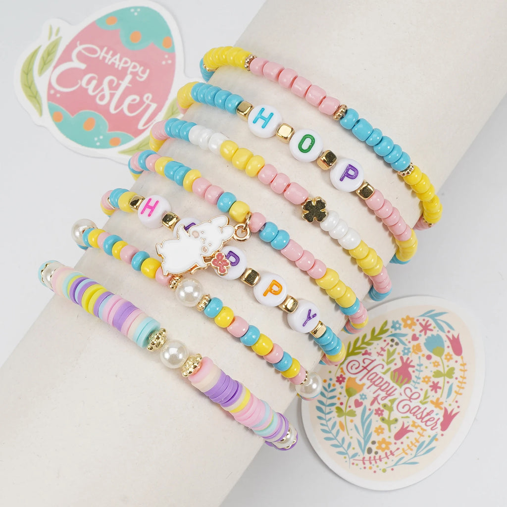 Easter Bracelets Set Colorful Stackable clay Beaded Stretch Bracelets Boho Vinyl Disc Bracelets for Women