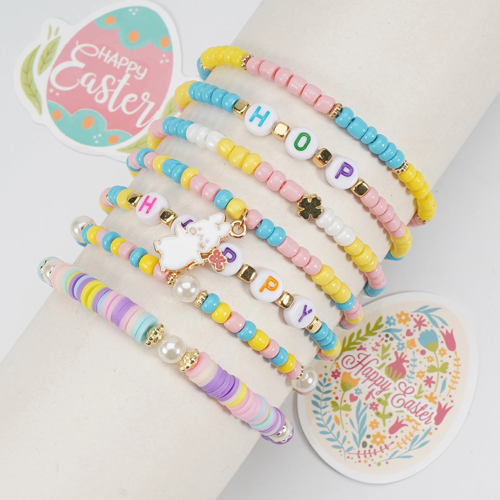 Easter Bracelets Set Colorful Stackable clay Beaded Stretch Bracelets Boho Vinyl Disc Bracelets for Women