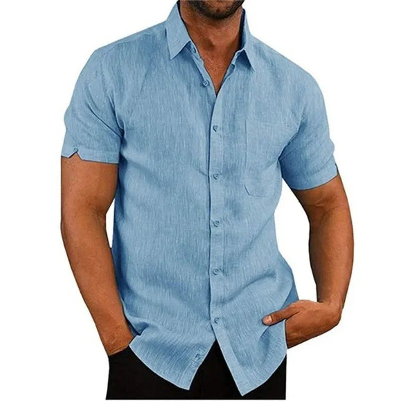 Summer Polo Collar Solid Short Sleeve Button Men's Shirt Men's Clothing