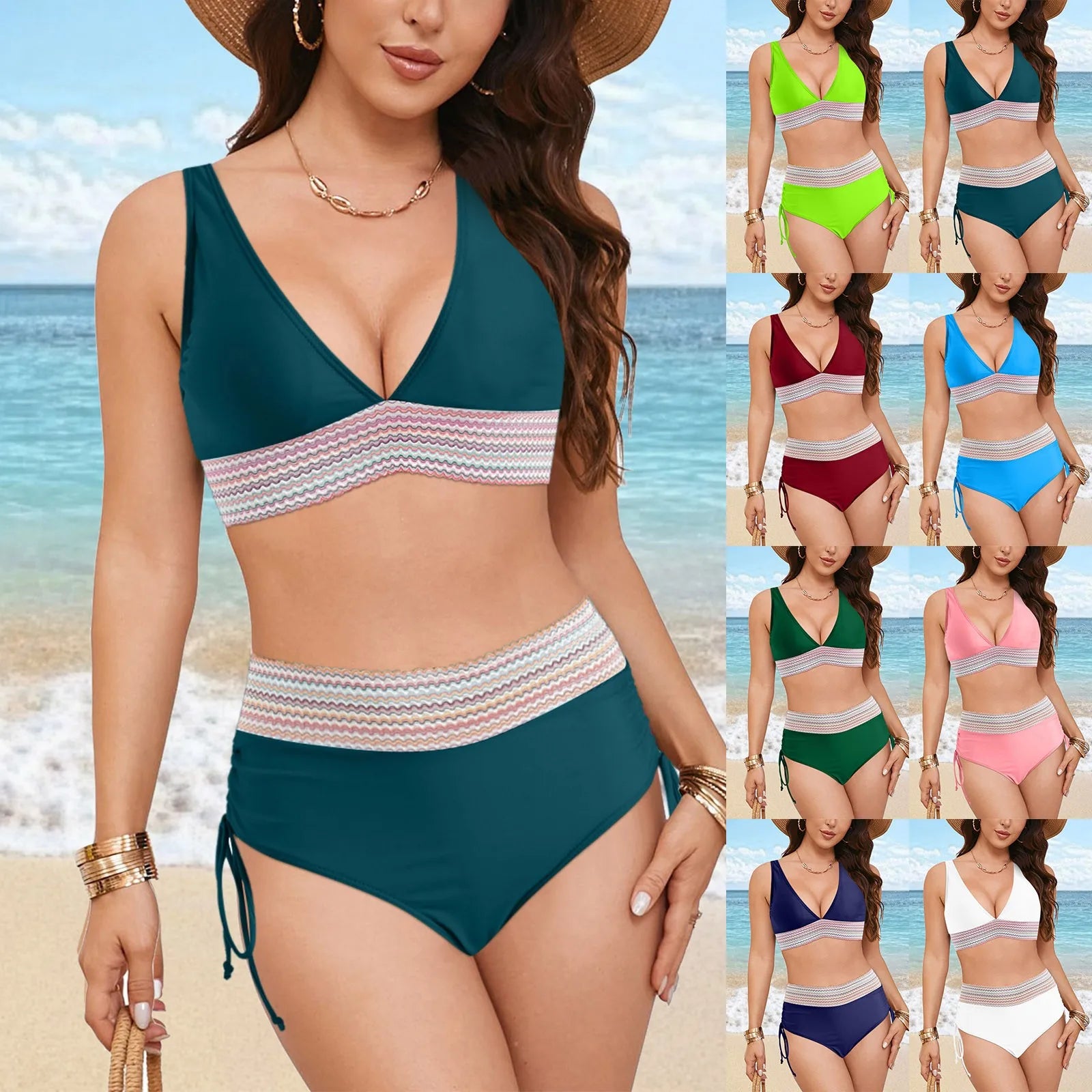 Swimwear Plus Size Women Women High Waisted Bikini Sets Swimsuits Color Block Two Piece Drawstring купальники жіночий 2025