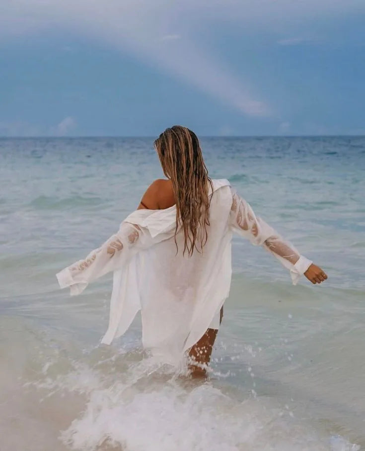 Bikini Cover Up Women Beach Shirts Candy Colors Swimsuit Cape 2024 New Summer Long Sleeve Tunic Swimwear Outfits