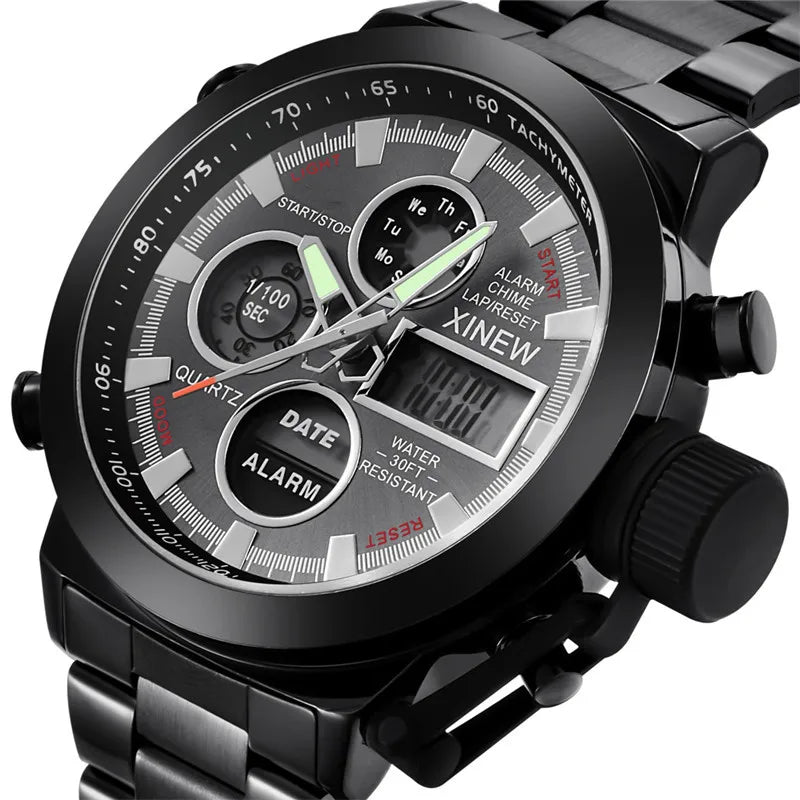 Montre Homme Men Original XINEW Brand Watches Fashion Casual Alloy Band Dual Time Electronic Watch Black Relogio Masculino 2024