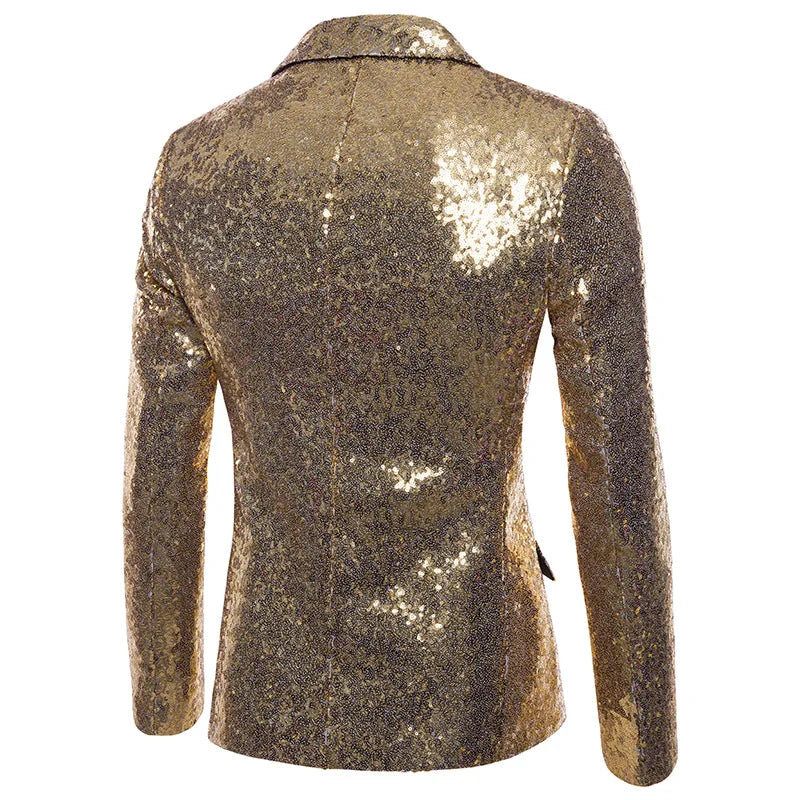 Nightclub Men's Clothing Long Sleeve Sequined Blazer Jacket Single Button Solid Color