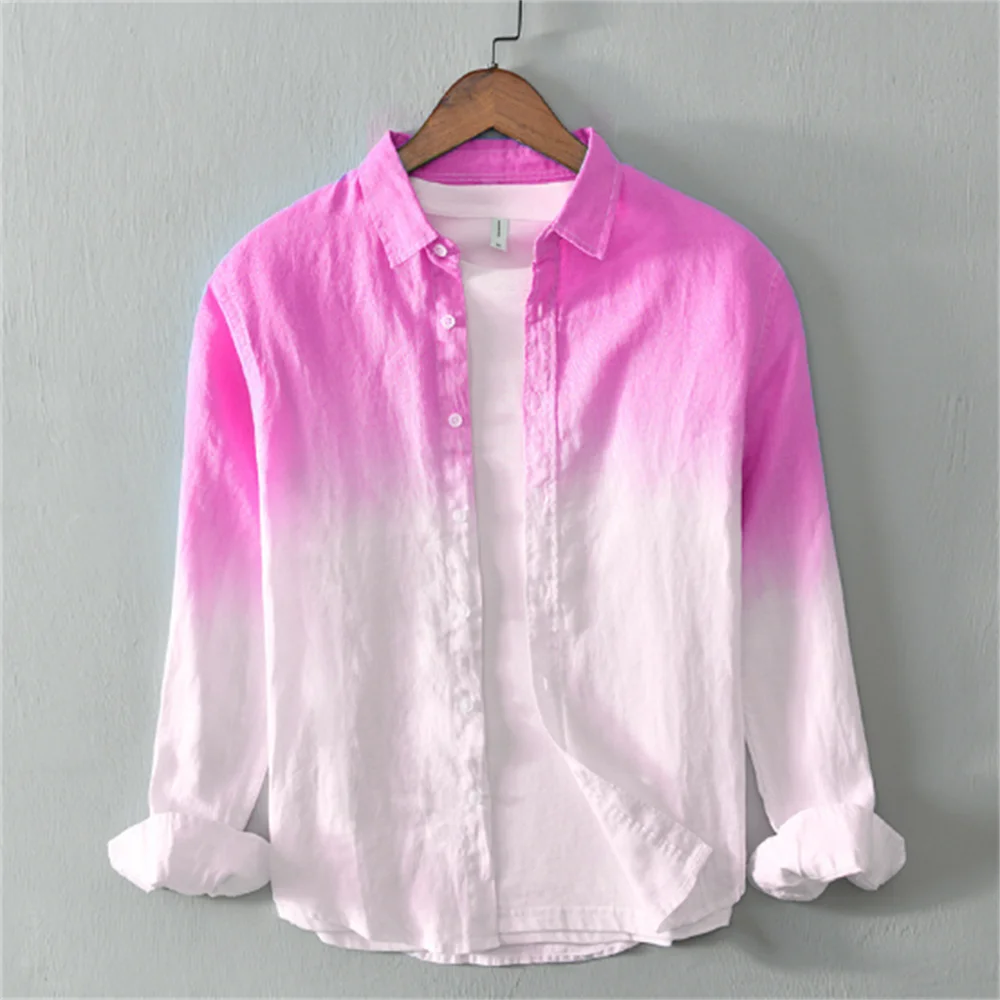 Men's clothing linen casual comfortable long sleeve shirt fashionable gradient trendy men's clothing oversized design