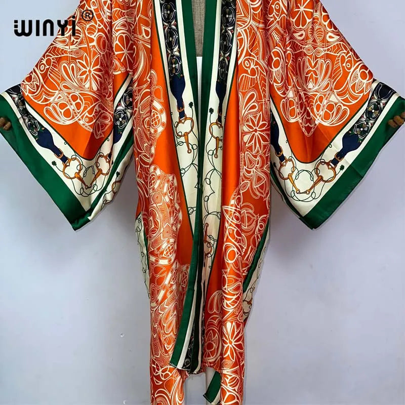 WINYI kimono Africa summer boho print Bikini Cover-up Elegant fashion Cardigan sexy Holiday long Sleeve silk feeling maxi dress