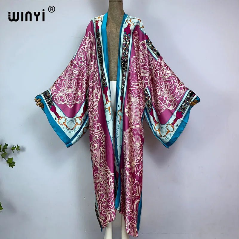WINYI kimono Africa summer boho print Bikini Cover-up Elegant fashion Cardigan sexy Holiday long Sleeve silk feeling maxi dress