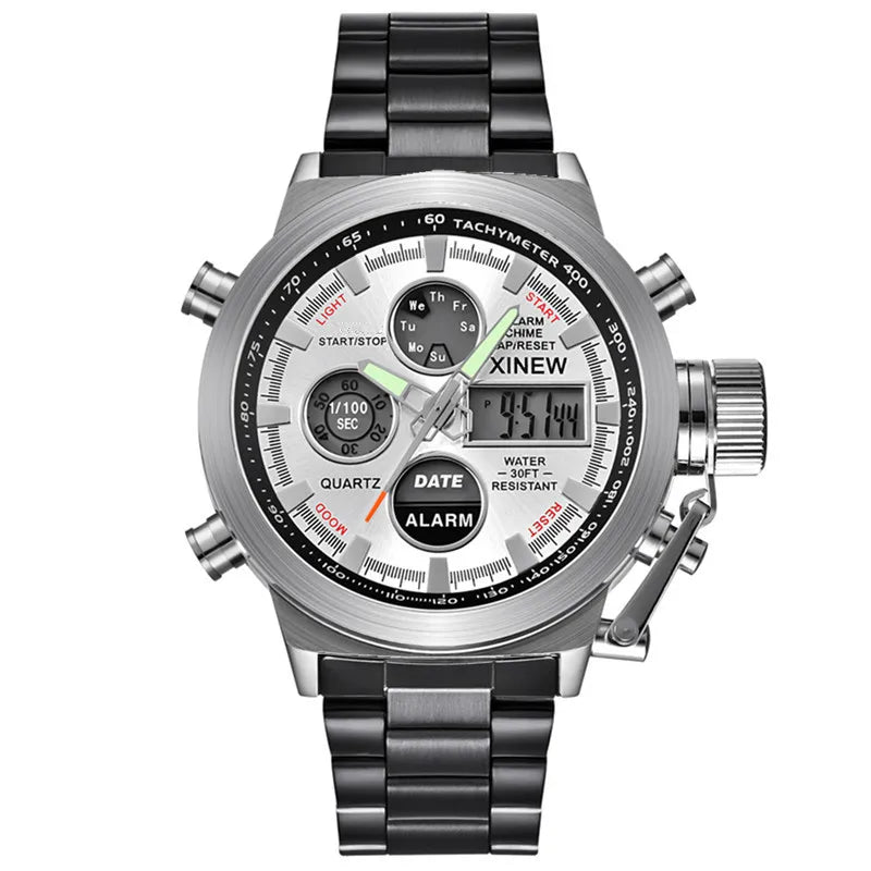 Montre Homme Men Original XINEW Brand Watches Fashion Casual Alloy Band Dual Time Electronic Watch Black Relogio Masculino 2024