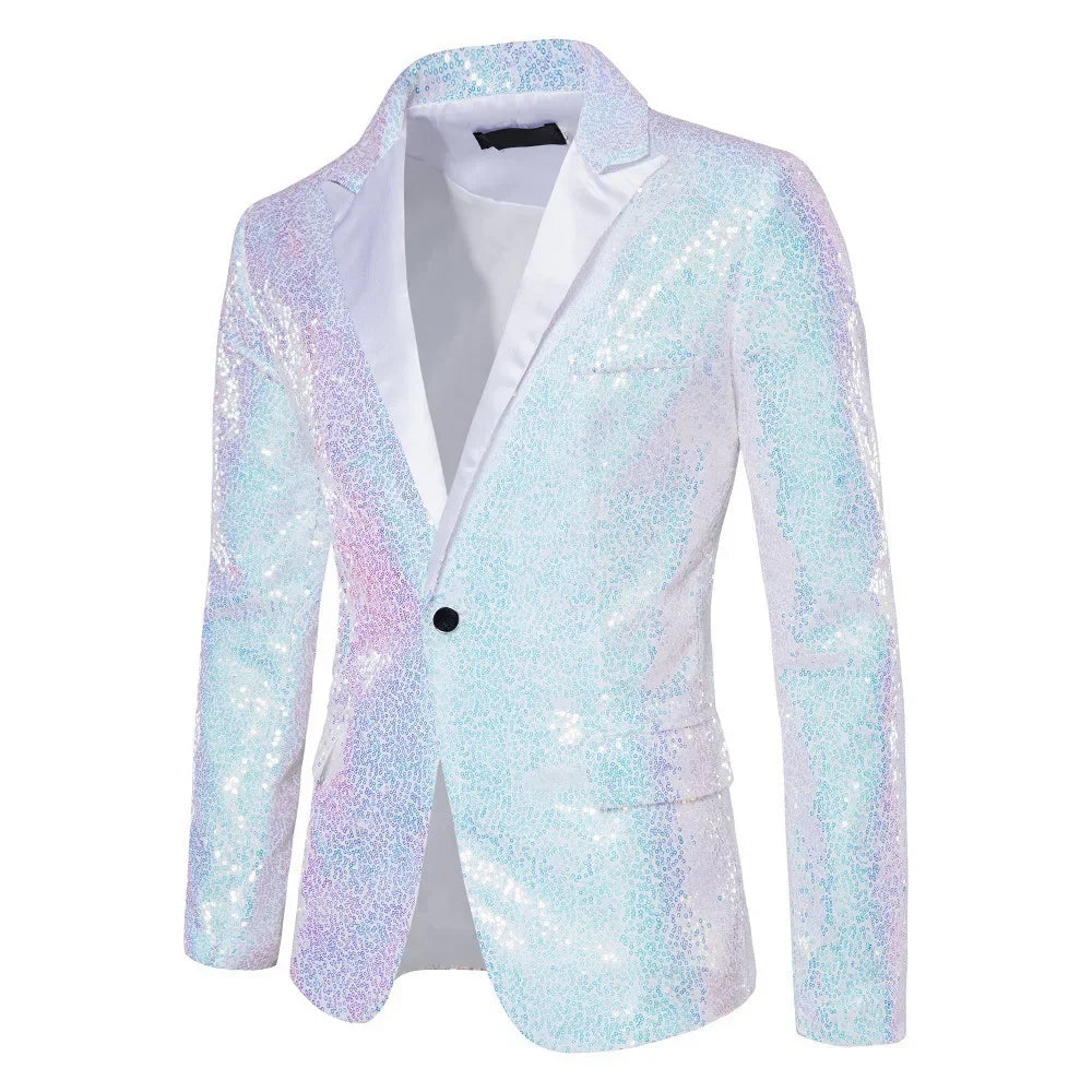Nightclub Men's Clothing Long Sleeve Sequined Blazer Jacket Single Button Solid Color
