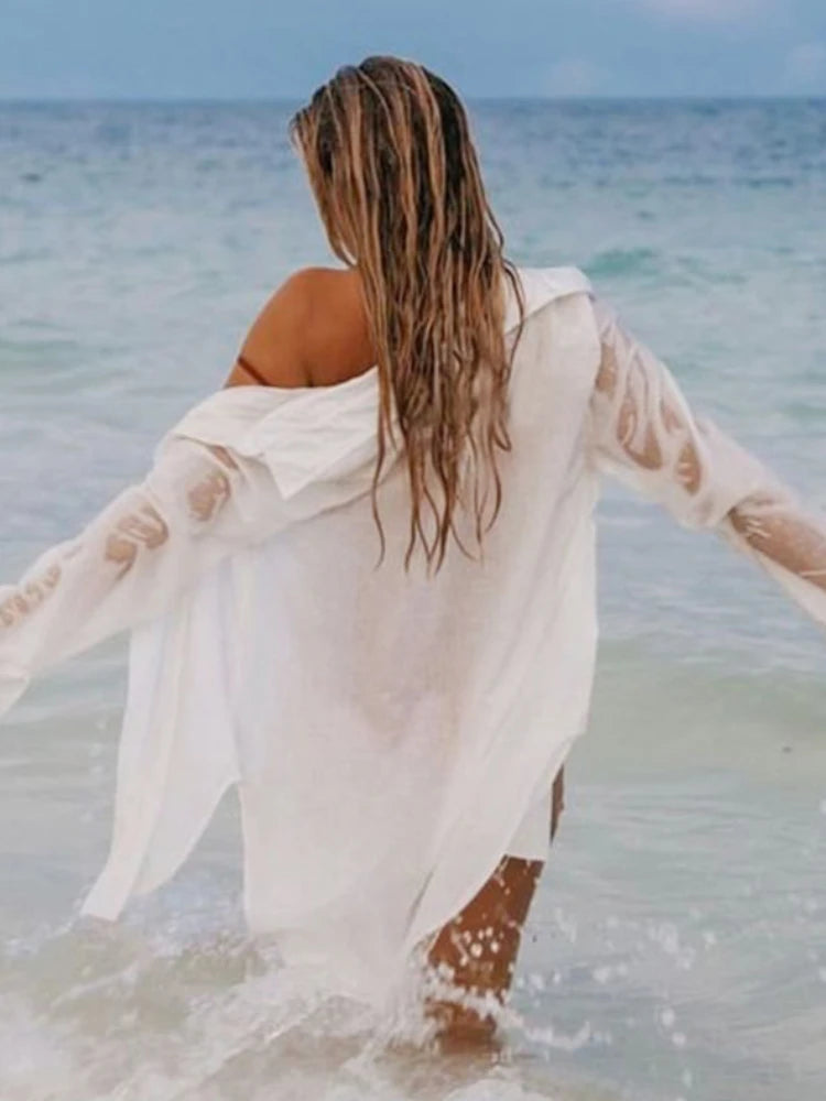 Bikini Cover Up Women Beach Shirts Candy Colors Swimsuit Cape 2024 New Summer Long Sleeve Tunic Swimwear Outfits