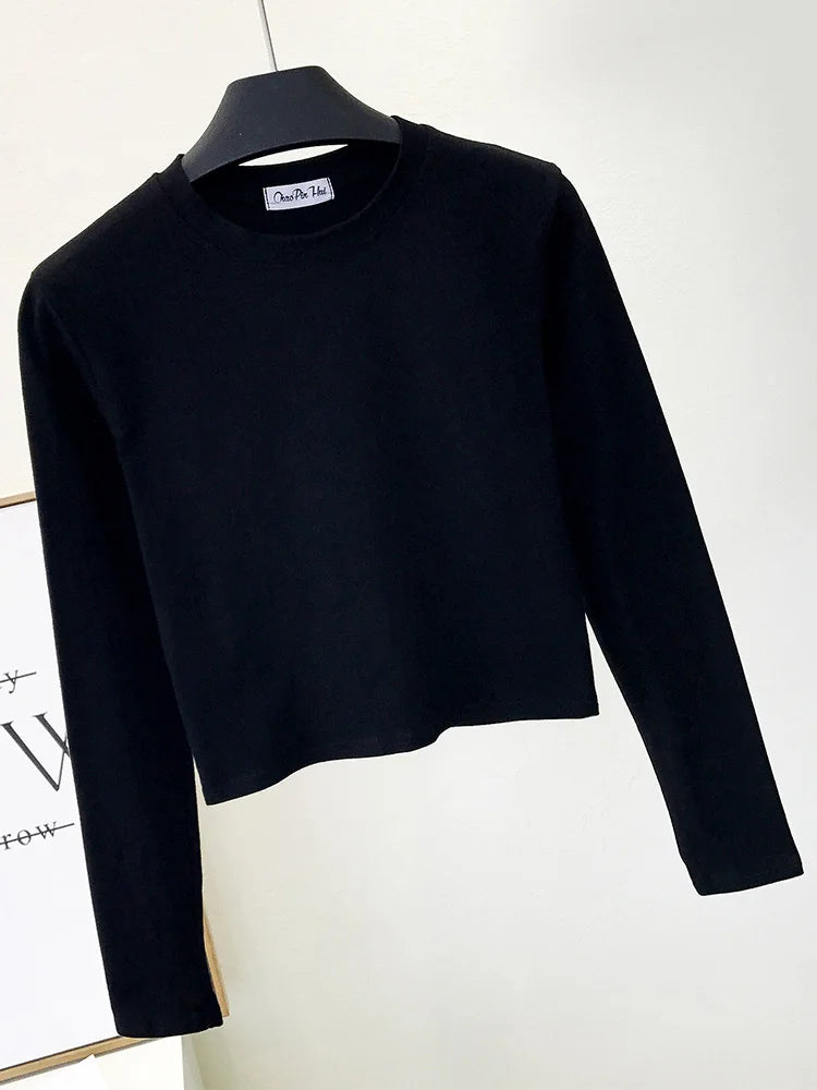 Sexy Black  Women's Clothing O-Neck Long Sleeve Navel Autumn Base Women's Clothing Fashion Casual Ropa Mujer