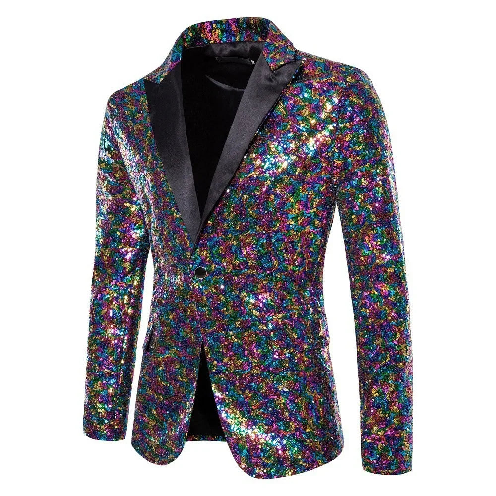 Nightclub Men's Clothing Long Sleeve Sequined Blazer Jacket Single Button Solid Color