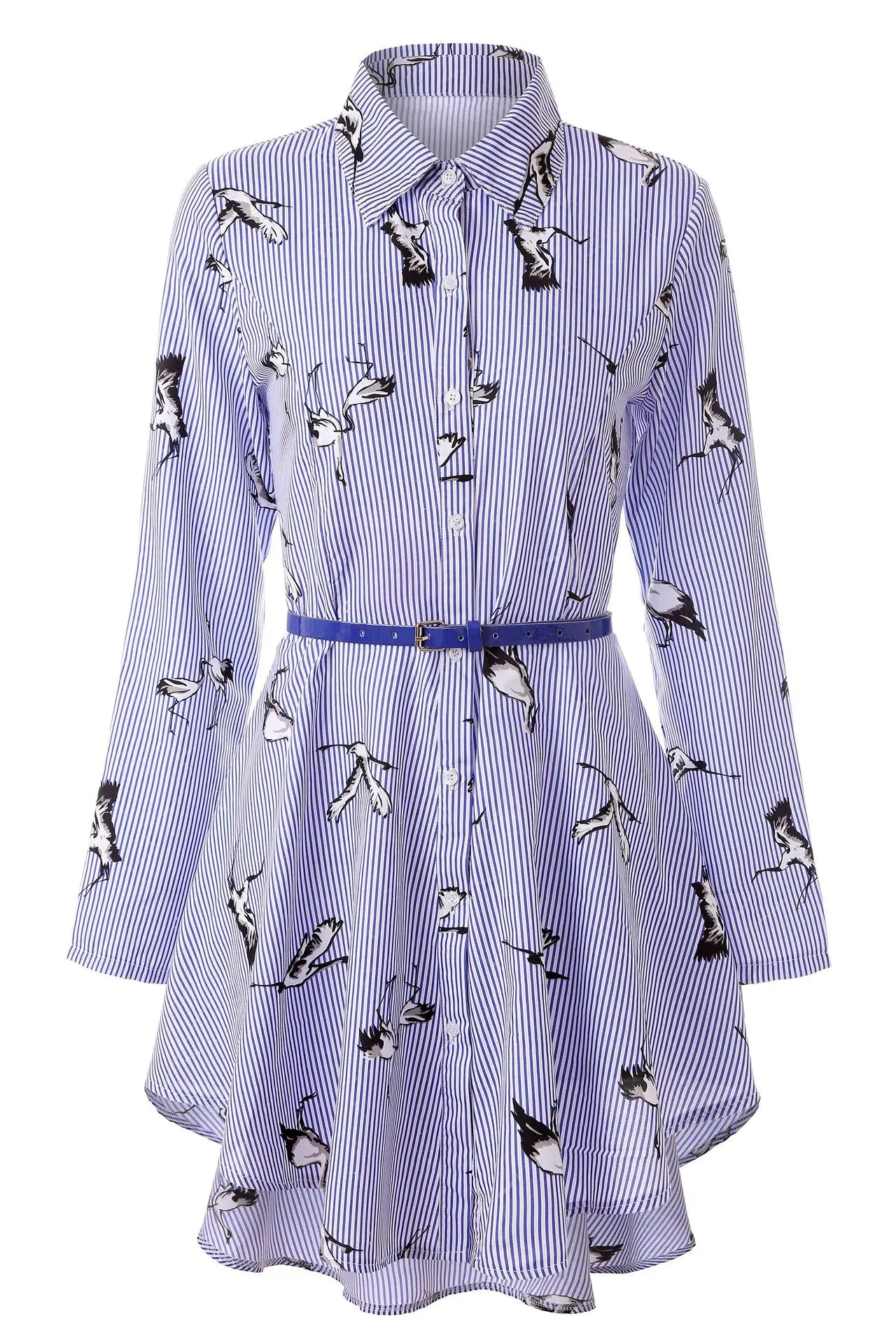 AliExpress European and American women's clothing popular long-sleeved women's clothing striped shirt dress single-breasted belt