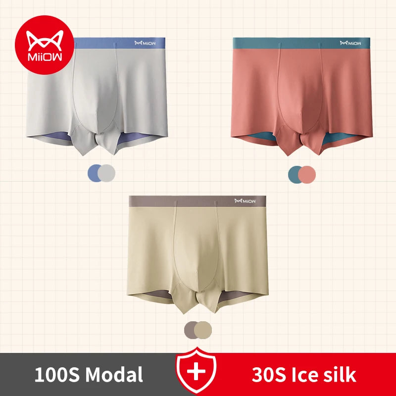 MiiOW 3Pcs 100S Modal Men Boxers Underwear Silky Ice Silk Men's Panties Boxershorts 5A Antibacterial Breathable Man Underpants