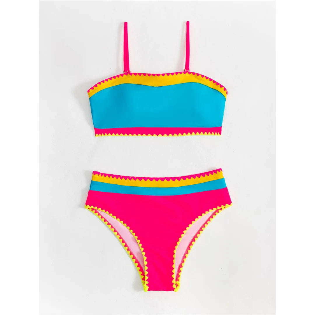 Splicing Colorful High Cut Mid Waist Bikini Female Swimsuit Women Swimwear Two-pieces Bikini set Bather Bathing Suit Swim V5996