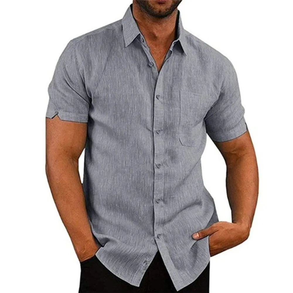 Summer Polo Collar Solid Short Sleeve Button Men's Shirt Men's Clothing